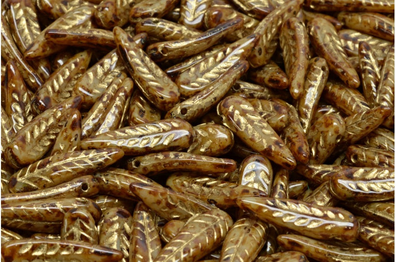 OUTLET 10 grams Bird Feather Beads, Beige Travertin Gold Lined (13020-86800-54302), Glass, Czech Republic