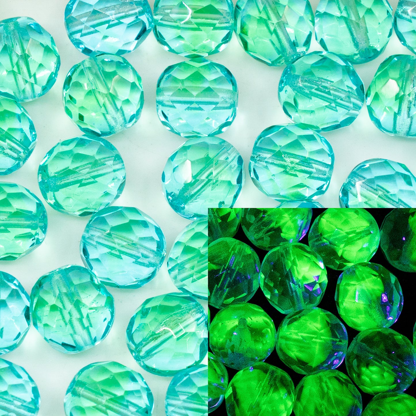 OUTLET 10 grams Faceted Round Fire Polished Beads, 10 x 10 mm, Blue Green Uranium (57601), Glass, Czech Republic