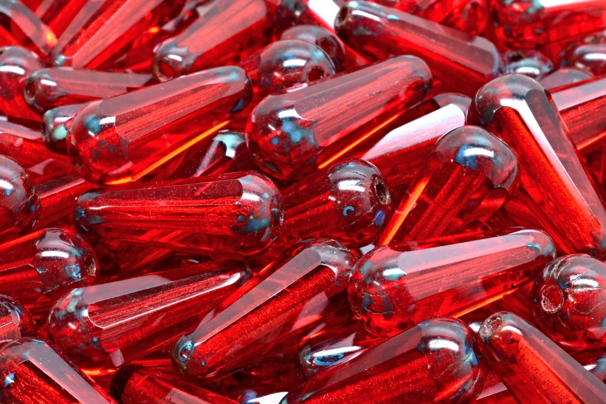 Faceted Fire Polished Teardrop Beads, Ruby Red Travertin (90080-86800), Glass, Czech Republic