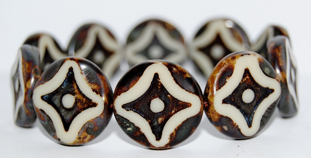 OUTLET 10 grams Table Cut Round Beads With Star, 21 x 21 mm, Beige Travertin (13020-86800), Glass, Czech Republic