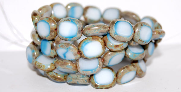 OUTLET 10 grams Table Cut Round Candy Beads, 14 x 12 mm, Blue White Picasso (07624-43400), Glass, Czech Republic