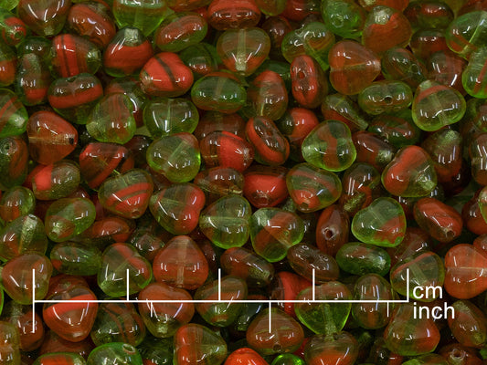 OUTLET 10 grams Pressed Beads Hearts, Green Red (green-red), Glass, Czech Republic