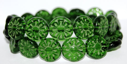アウトレット 10グラム 花柄プレス フラットラウンド ガラスビーズ、18 x 18 mm、透明グリーン 55202 (50130-55202)、ガラス製、チェコ共和国
