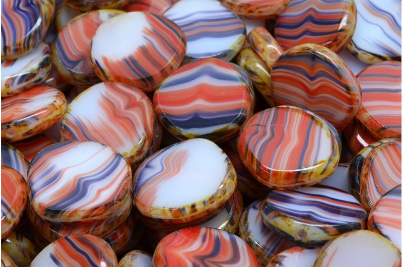 Table Cut 8 Edged Designed Beads, Red Blue Stripes Travertin (95333-86800), Glass, Czech Republic