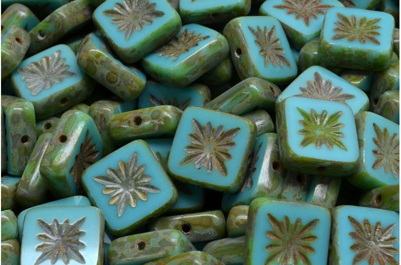 OUTLET 10 grams Table Cut Square Kiwi Beads, 10 x 10 mm, Turquoise Travertin (63130-86800), Glass, Czech Republic