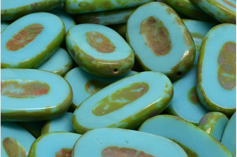 OUTLET 10 grams Table Cut Flat Oval Beads, 26 x 15 mm, Turquoise Travertin (63130-86800), Glass, Czech Republic