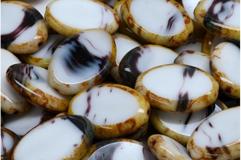 Table Cut Flat Oval Beads, Chalk White Black Travertin (03000-23980-86800), Glass, Czech Republic