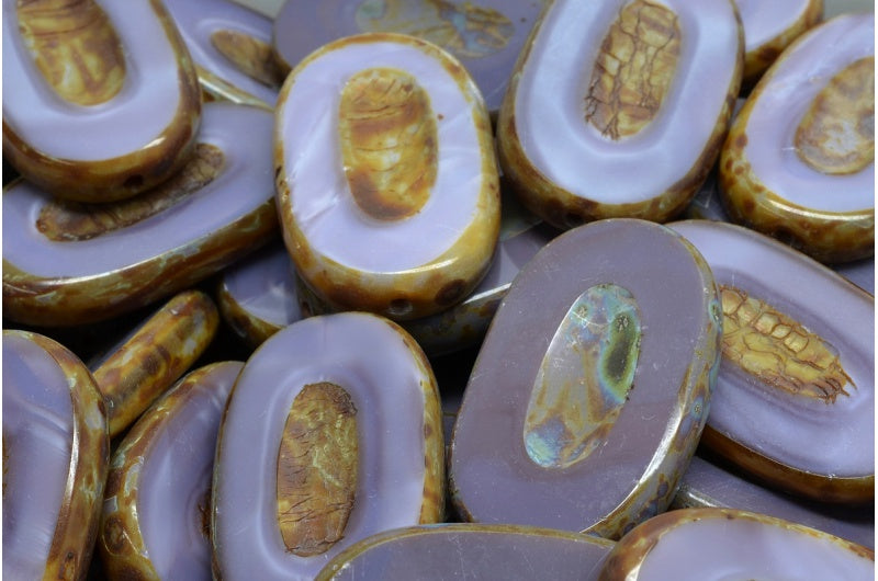 OUTLET 10 grams Table Cut Flat Oval Beads, 26 x 15 mm, Opaque Amethyst 24020 Travertin (23030-24020-86800), Glass, Czech Republic