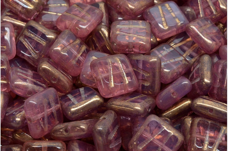 Table Cut Square Designed Beads, Transparent Pink Bronze (70130-14415), Glass, Czech Republic
