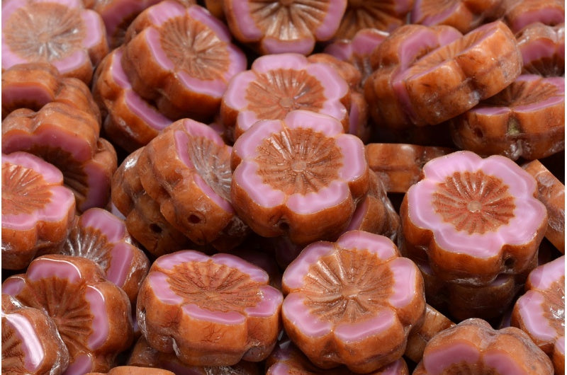 OUTLET 10 grams Table Cut Hawaii Flower Beads, 14 x 14 mm, Opaque Pink Travertin (74010-86800), Glass, Czech Republic