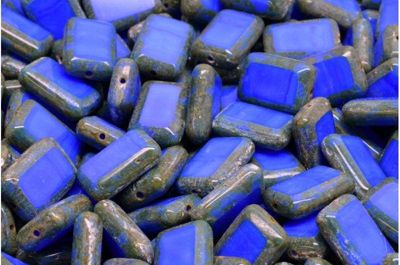 Table Cut Rectangle Beads, Opaque Blue Travertin (33040-86800), Glass, Czech Republic