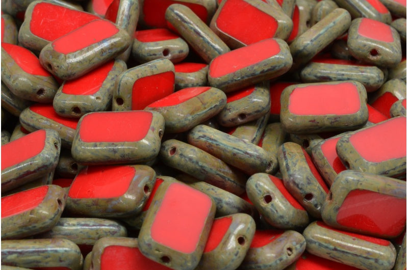 出口 10 克 桌面切割矩形珠子,12 x 8 毫米,不透明红色洞石 (93200-86800),玻璃,捷克共和国