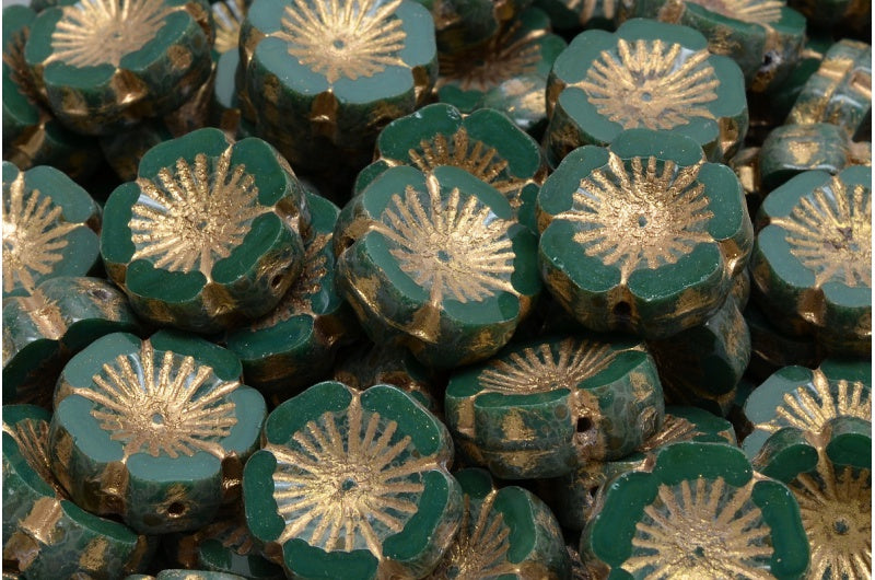 テーブルカットハワイフラワービーズ、不透明グリーントラバーチンゴールドライニング(53240-86800-54302)、ガラス、チェコ共和国