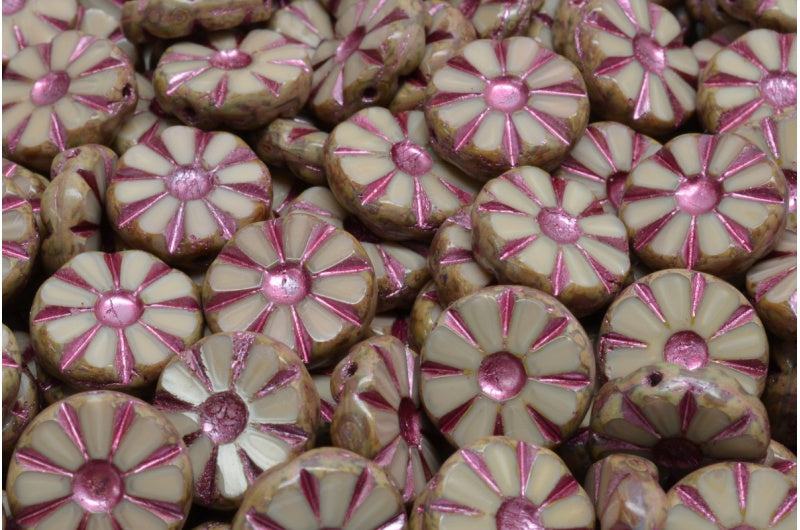 台面切割抛光向日葵珠,赤铁矿石灰华粉色内衬(14400-86800-54321),玻璃,捷克共和国