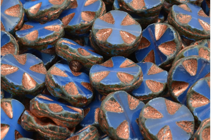 OUTLET 10 grams Table Cut Cross Beads, 14 x 14 mm, Opal Blue Travertin Copper Lined (31010-86800-54319), Glass, Czech Republic