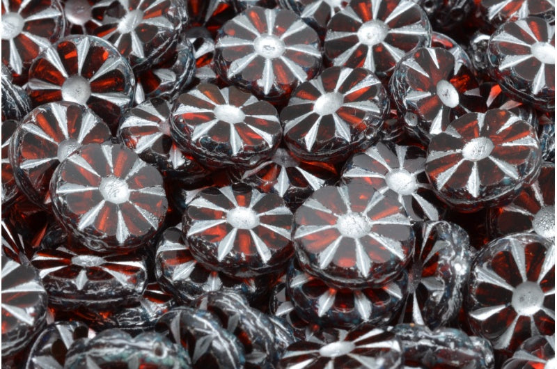 Table Cut Polished Sunflower Beads, Transparent Red Travertin Silver Lined (90060-86800-54301), Glass, Czech Republic