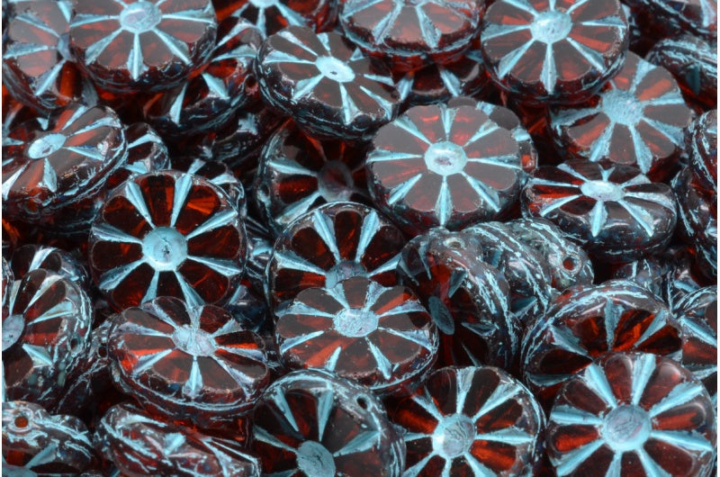 Table Cut Polished Sunflower Beads, Transparent Red Travertin Light Blue Lined (90060-86800-54308), Glass, Czech Republic