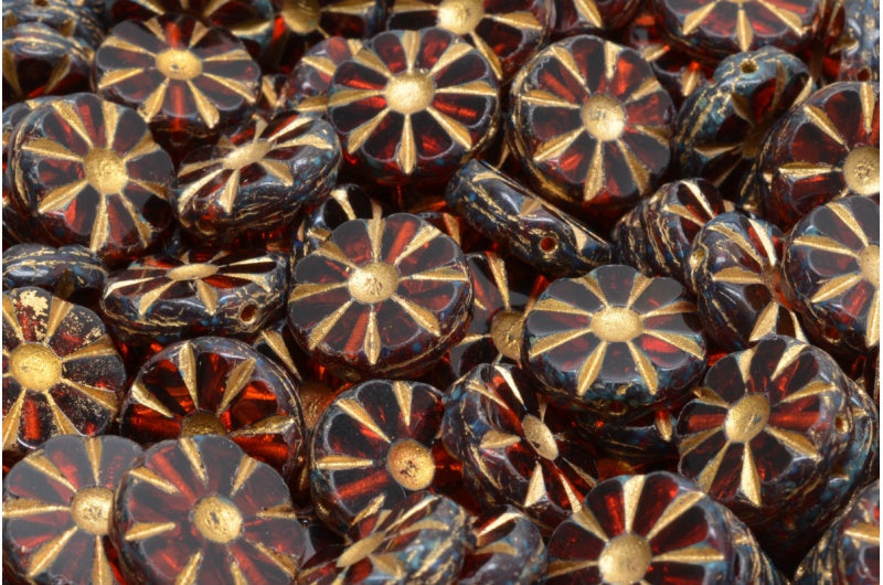 Table Cut Polished Sunflower Beads, Transparent Red Travertin Gold Lined (90060-86800-54302), Glass, Czech Republic