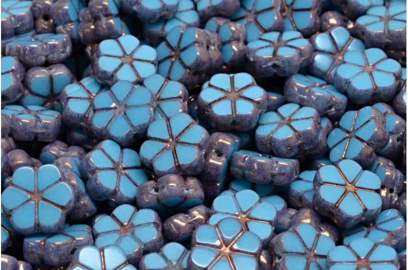 Table Cut Garland Flower Beads, Turquoise Blue Bronze (63030-14415), Glass, Czech Republic