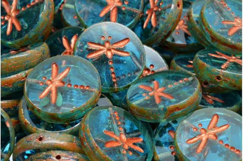 OUTLET 10 grams Table Cut Dragonfly Beads, 17 x 17 mm, Transparent Aqua Travertin Copper Lined (60020-86800-54319), Glass, Czech Republic