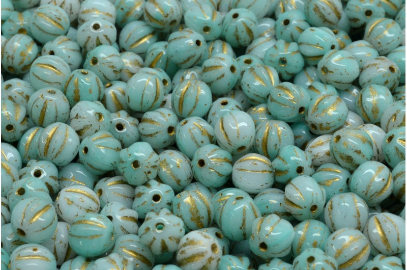 OUTLET 10 grams Melon Beads, 6 x 6 mm, White Teal Gold Lined (R2613-54302), Glass, Czech Republic
