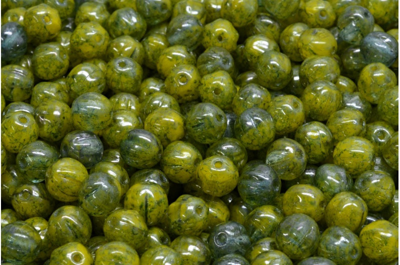 Melon Beads, Yellow Terracotta Blue (R0812-15464), Glass, Czech Republic
