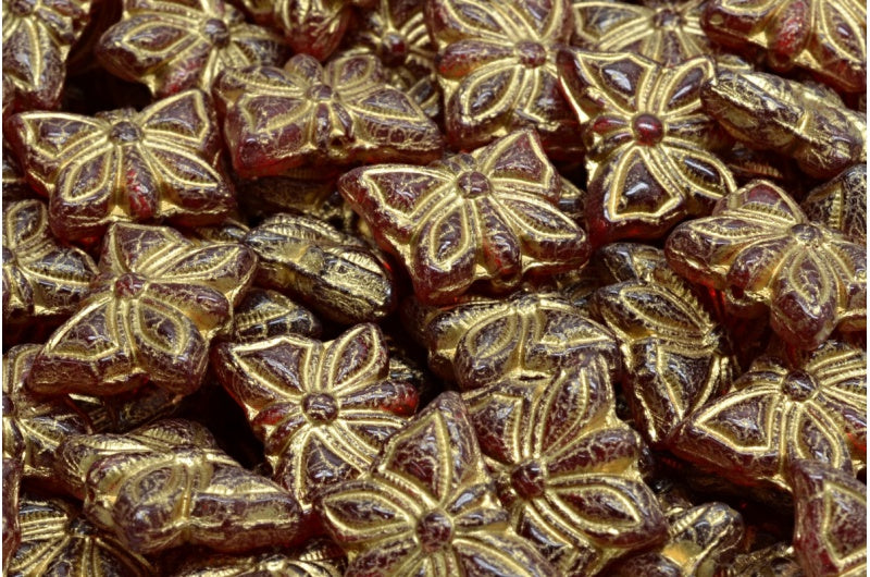 蝴蝶珠,红宝石红金色内衬 (90080-54302),玻璃,捷克共和国