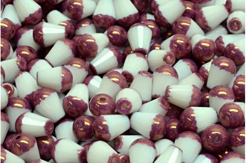 ファセット加工のファイアポリッシュ仕上げのティアドロップビーズ、チョークホワイトブロンズ(03000-14415)、ガラス、チェコ共和国