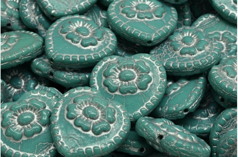 アウトレット 10グラム ハートビーズ ローズ付き、17 x 17 mm、ターコイズシルバーライン(63140-54301)、ガラス、チェコ共和国