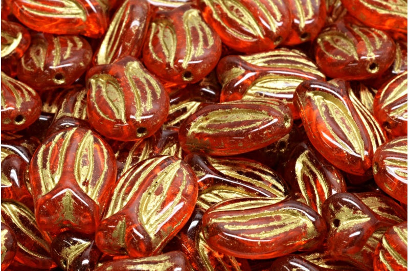 チューリップビーズ、透明オレンジゴールドライン(90030-54202)、ガラス、チェコ共和国