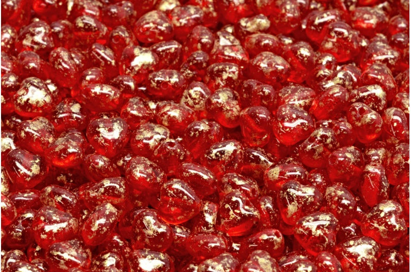 Heart Beads, Ruby Red Gold Splash (90080-94401), Glass, Czech Republic