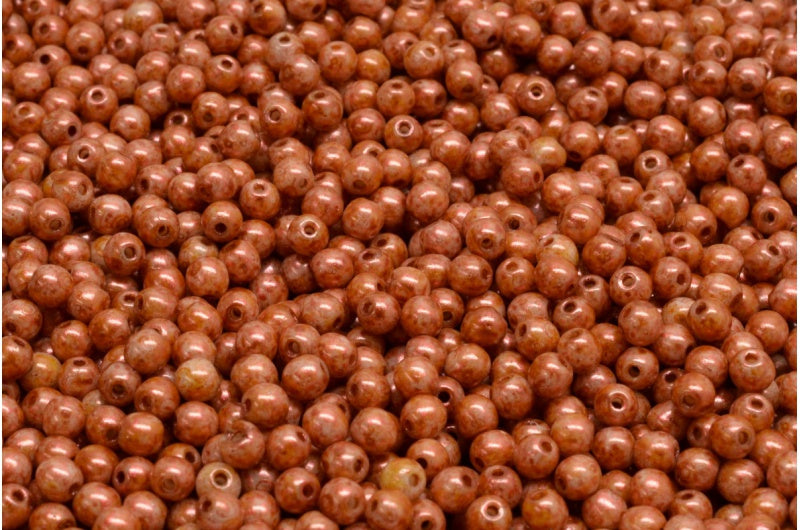 ラウンドドラックビーズ、白銅光沢斑点(02010-65324)、ガラス、チェコ共和国