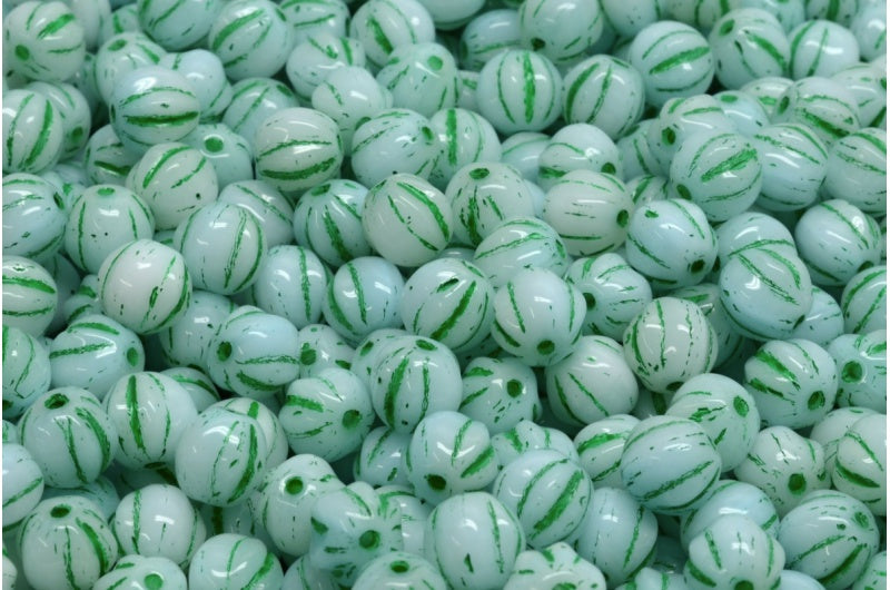 Melon Beads, White Teal Green Lined (R2613-54315), Glass, Czech Republic
