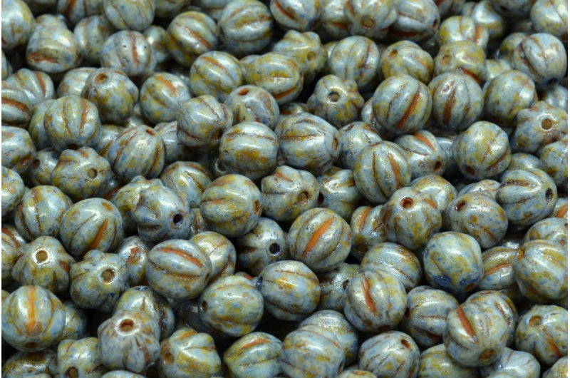 メロンビーズ、白緑光沢斑点(02010-65325)、ガラス、チェコ共和国