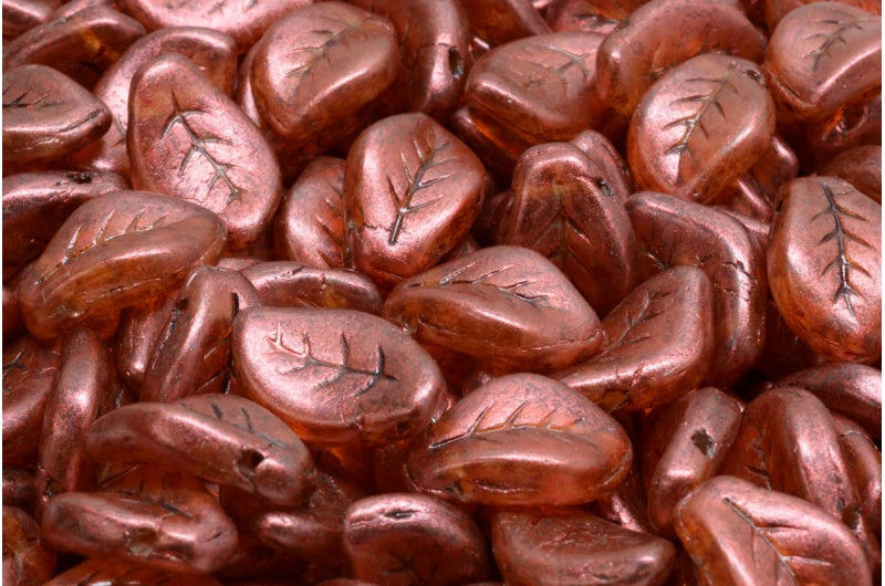 ウェーブリーフビーズ、クリスタルマット銅光沢スポット(00030-84100-65324)、ガラス、チェコ共和国