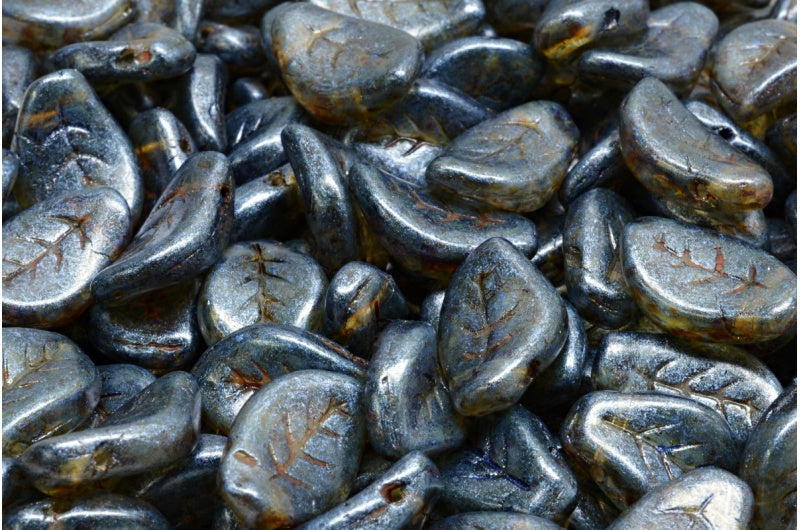 ウェーブリーフビーズ、クリスタルマットグリーンラスタースポット(00030-84100-65325)、ガラス、チェコ共和国