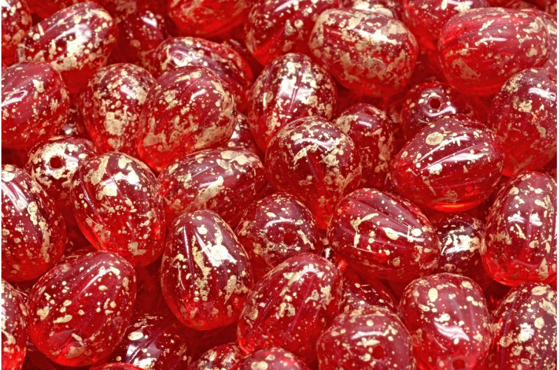 ドロップメロンビーズ、ルビーレッドゴールドスプラッシュ(90080-94401)、ガラス、チェコ共和国