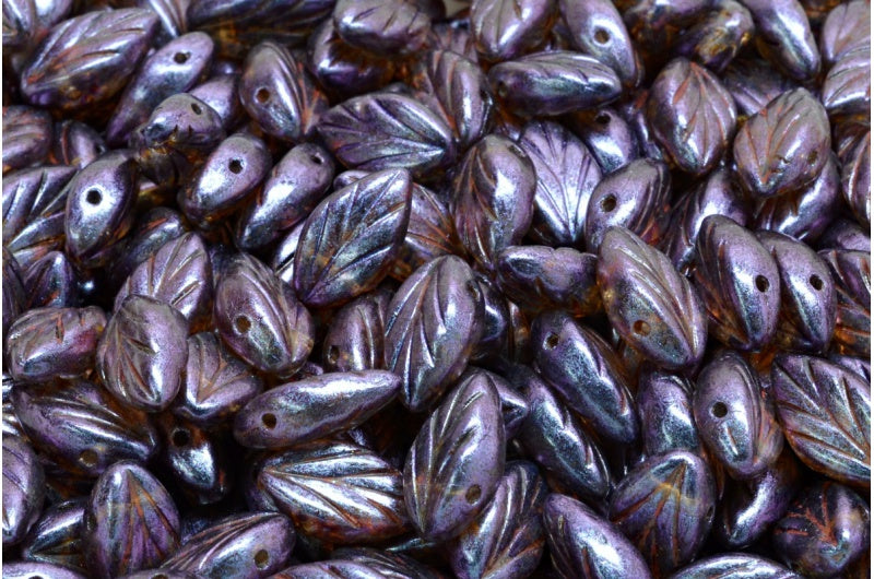 ブナの葉のビーズ、クリスタルパープルブラウン光沢スポット(00030-65329)、ガラス、チェコ共和国