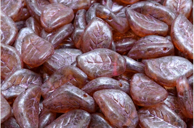 ウェーブリーフビーズ、クリスタルマットピンクベージュラスタースポット(00030-84100-65323)、ガラス、チェコ共和国