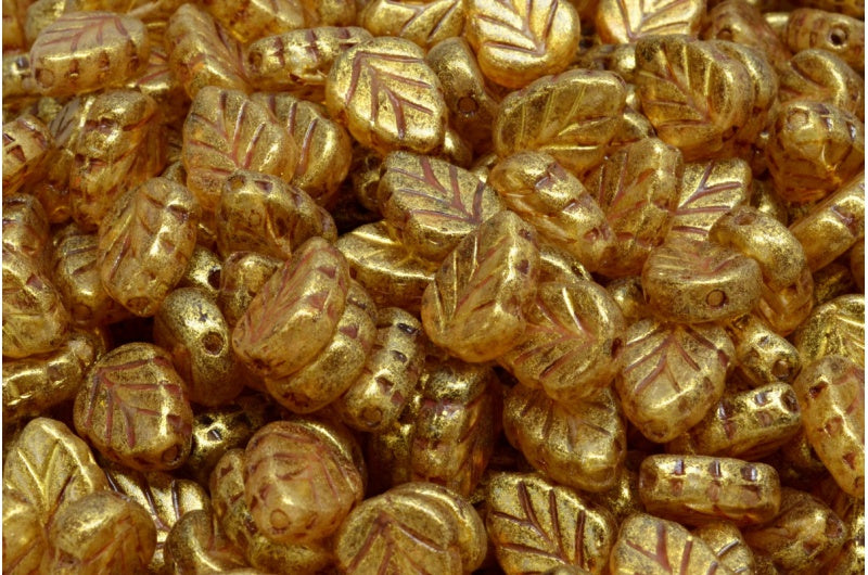 OUTLET 10 grams Mint Leaf Beads, 10 x 8 mm, Crystal Gold Luster Spotted (00030-65322), Glass, Czech Republic