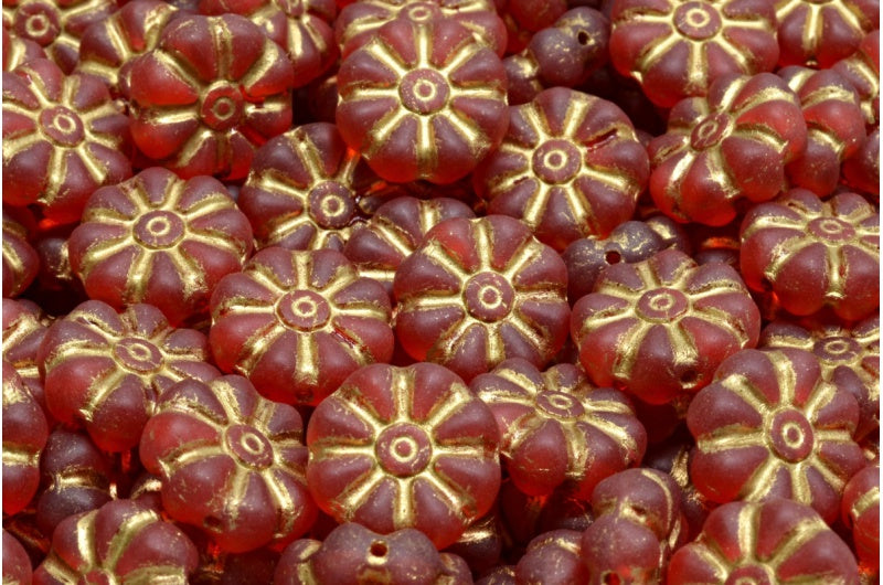 Asterisk Flower Beads, Transparent Red Matte Gold Lined (90050-84100-54302), Glass, Czech Republic