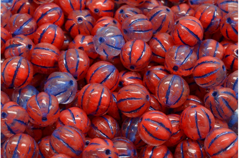 メロンビーズ、R0932 ブルーライン(R0932-54309)、ガラス、チェコ共和国