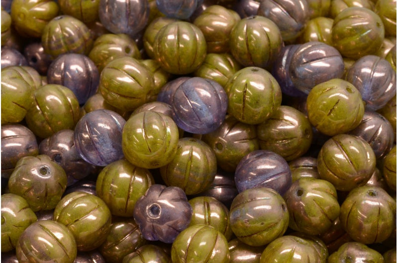 Melon Beads, Yellow Purple Light (R0812-15726-light), Glass, Czech Republic