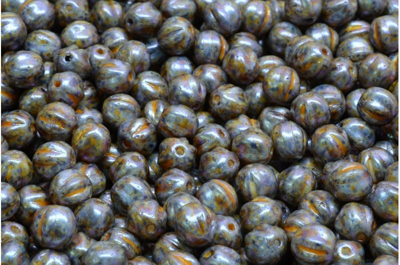 OUTLET 10 grams Melon Beads, 6 x 6 mm, White Purple Brown Luster Spotted (02010-65329), Glass, Czech Republic