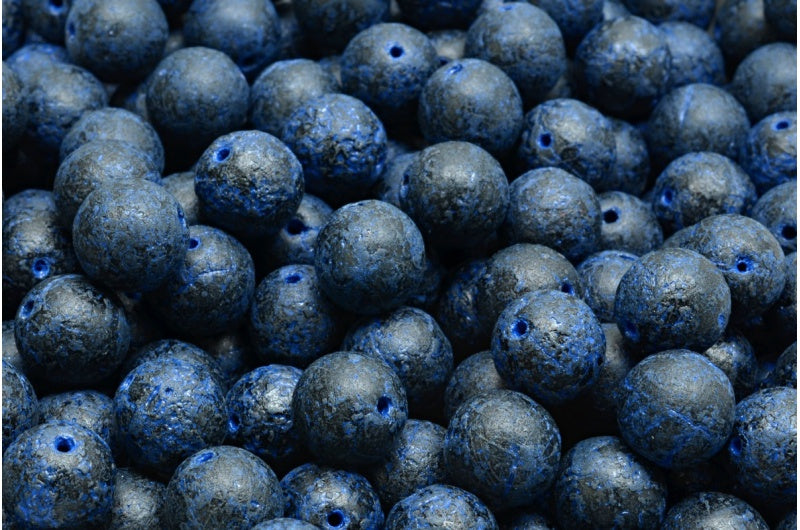 ラウンドドラックビーズ、ブラックエッチングブルーライン(23980-ETCH-54309)、ガラス、チェコ共和国