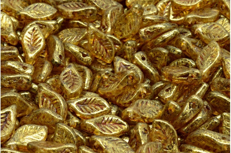 Bay Leaf Beads, Crystal Gold Luster Spotted (00030-65322), Glass, Czech Republic