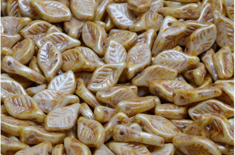 Bay Leaf Beads, White Cream Luster Spotted (02010-65321), Glass, Czech Republic
