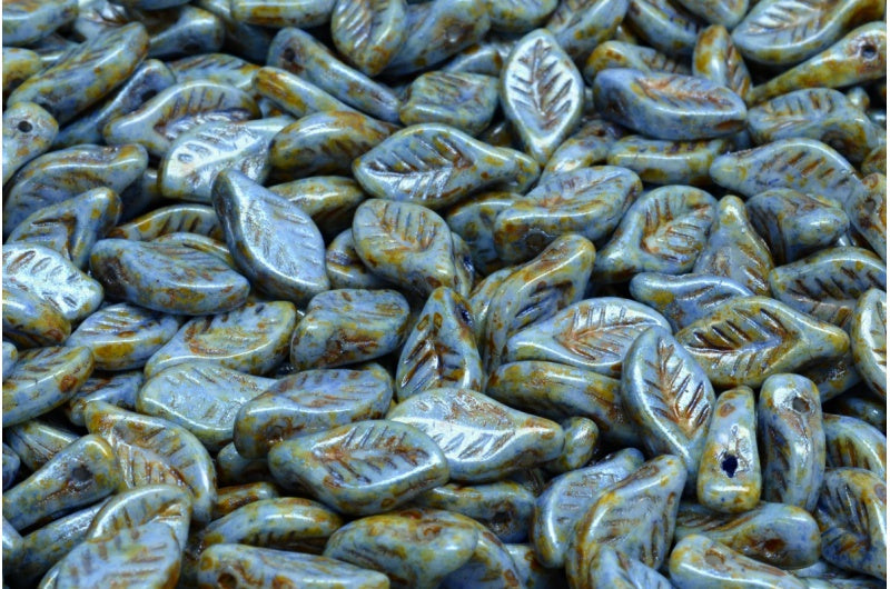Bay Leaf Beads, White Green Luster Spotted (02010-65325), Glass, Czech Republic