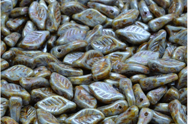 アウトレット 10グラム ベイリーフビーズ、6 x 12 mm、白紫茶色光沢斑点(02010-65329)、ガラス、チェコ共和国