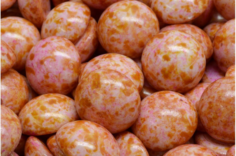 凸圆形珠子,白色粉红色米色光泽斑点 (02010-65323),玻璃,捷克共和国